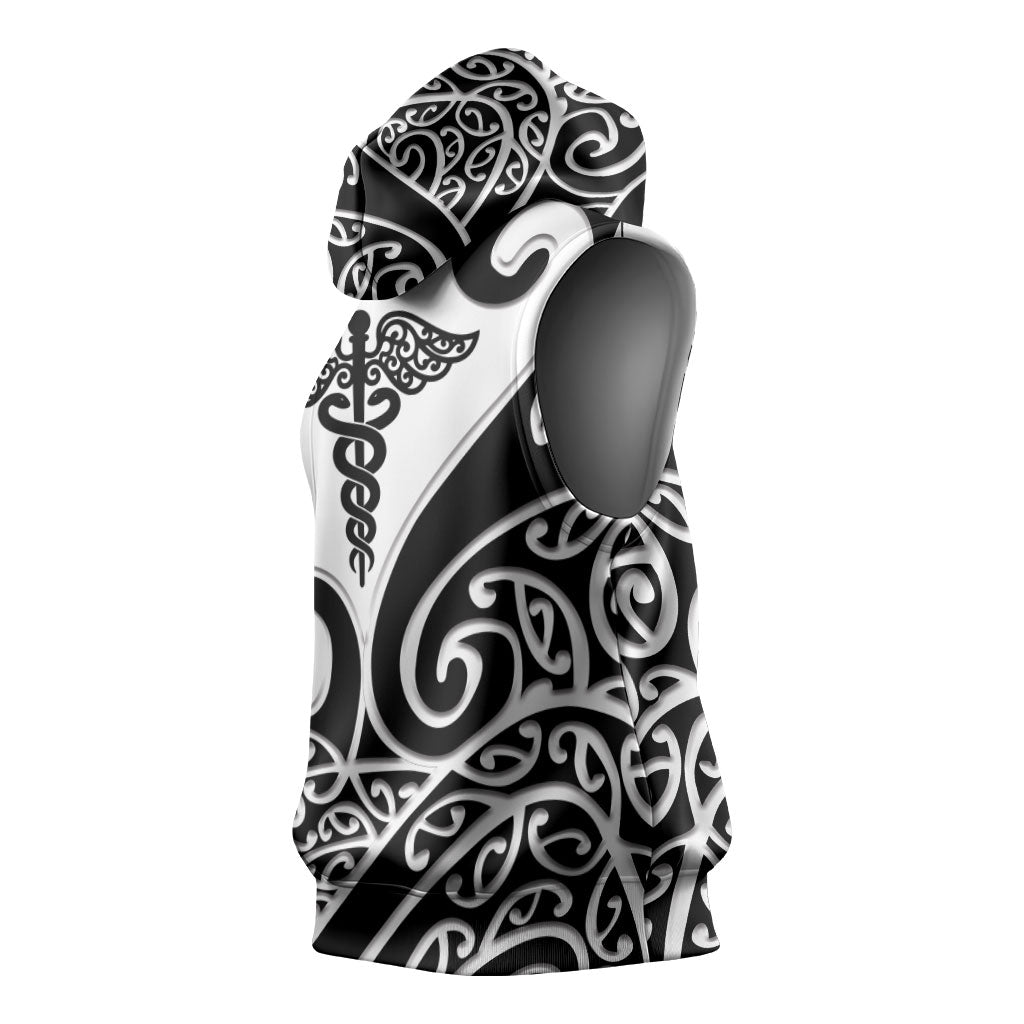 Personalised New Zealand Nurse Sleeveless Hoodie Maori Koru Black Version