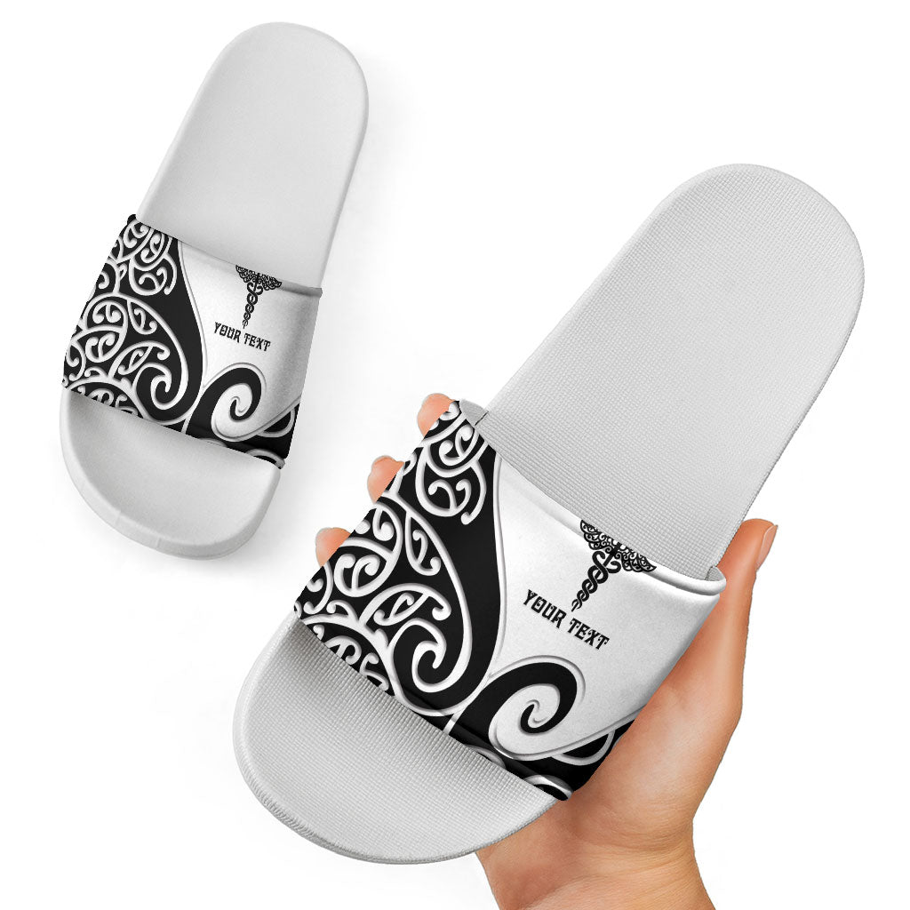 Personalised New Zealand Nurse Slide Sandals Maori Koru Black Version