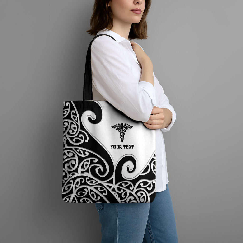 Personalised New Zealand Nurse Tote Bag Maori Koru Black Version