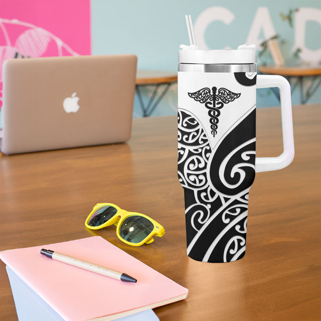 Personalised New Zealand Nurse Tumbler With Handle Maori Koru Black Version