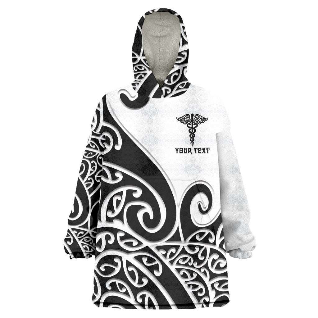 Personalised New Zealand Nurse Wearable Blanket Hoodie Maori Koru Black Version