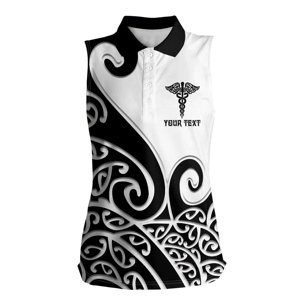 Personalised New Zealand Nurse Women Sleeveless Polo Shirt Maori Koru Black Version