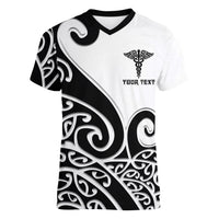 Personalised New Zealand Nurse Women V-Neck T-Shirt Maori Koru Black Version