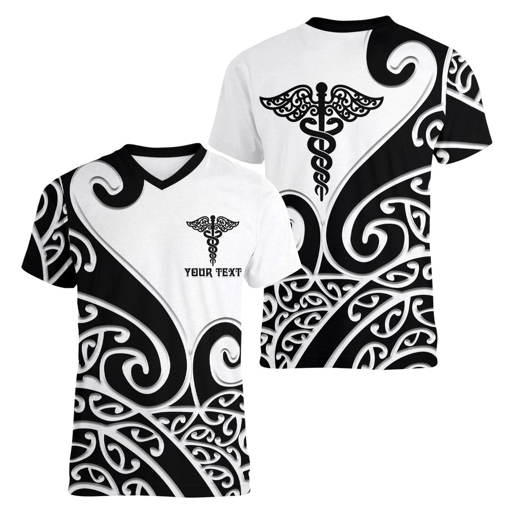 Personalised New Zealand Nurse Women V-Neck T-Shirt Maori Koru Black Version
