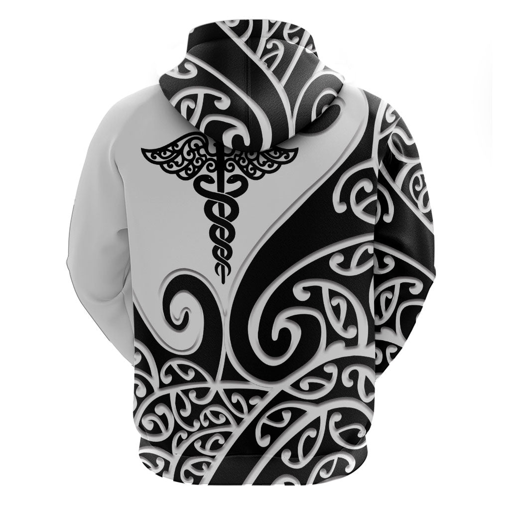 Personalised New Zealand Nurse Zip Hoodie Maori Koru Black Version