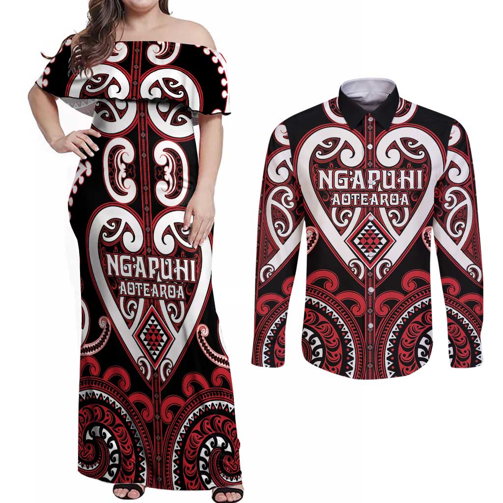 Custom Aotearoa Ngapuhi Couples Matching Off Shoulder Maxi Dress and Long Sleeve Button Shirt Maori Tribal Pattern