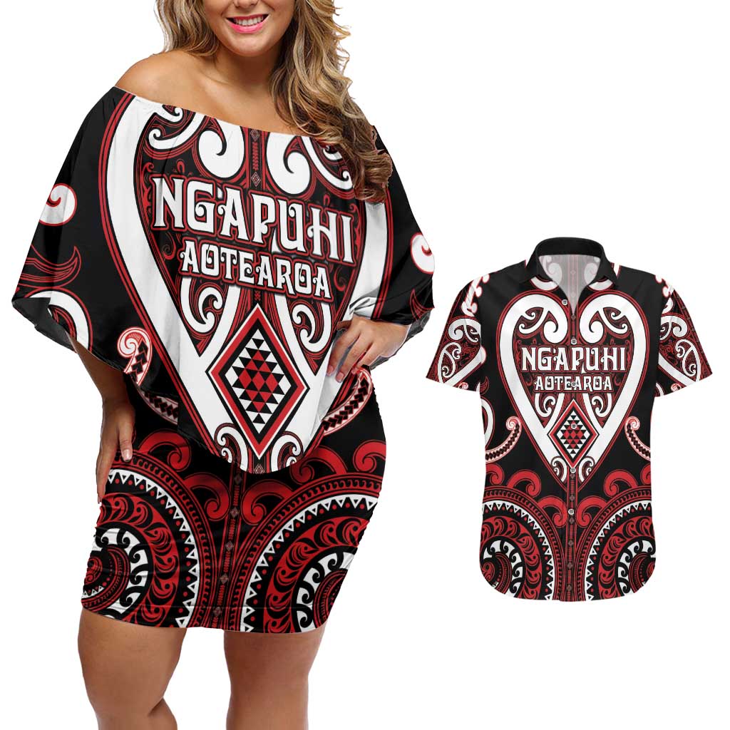 Custom Aotearoa Ngapuhi Couples Matching Off Shoulder Short Dress and Hawaiian Shirt Maori Tribal Pattern