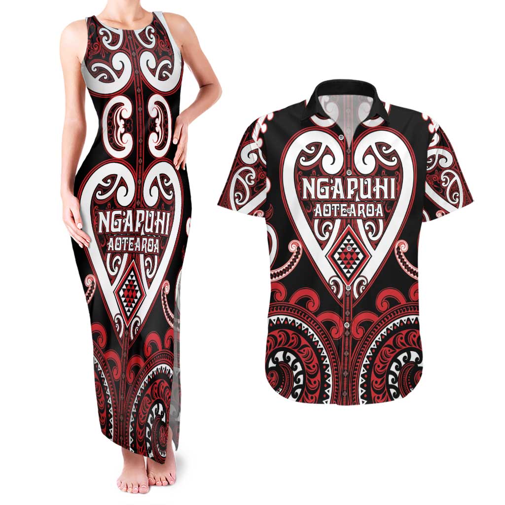 Custom Aotearoa Ngapuhi Couples Matching Tank Maxi Dress and Hawaiian Shirt Maori Tribal Pattern