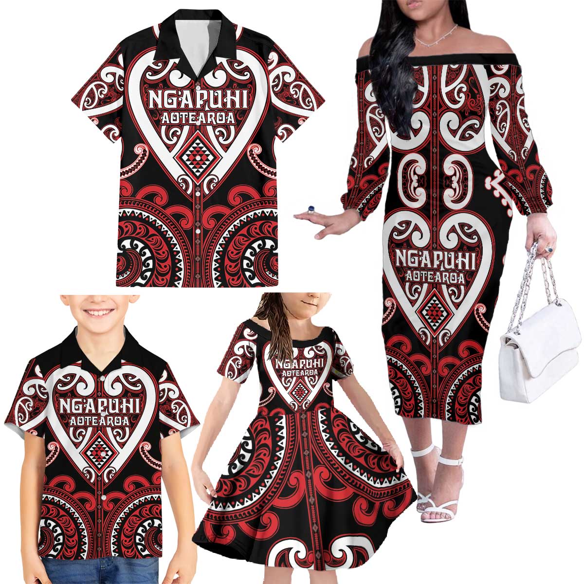 Custom Aotearoa Ngapuhi Family Matching Off The Shoulder Long Sleeve Dress and Hawaiian Shirt Maori Tribal Pattern