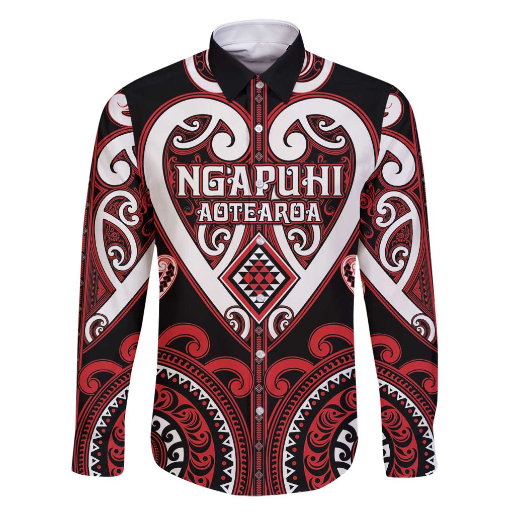 Custom Aotearoa Ngapuhi Family Matching Off Shoulder Short Dress and Hawaiian Shirt Maori Tribal Pattern LT05 Dad's Shirt - Long Sleeve Red - Polynesian Pride