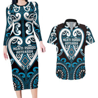 Custom Aotearoa Ngati Porou Couples Matching Long Sleeve Bodycon Dress and Hawaiian Shirt Maori Tribal Pattern LT05 Blue - Polynesian Pride