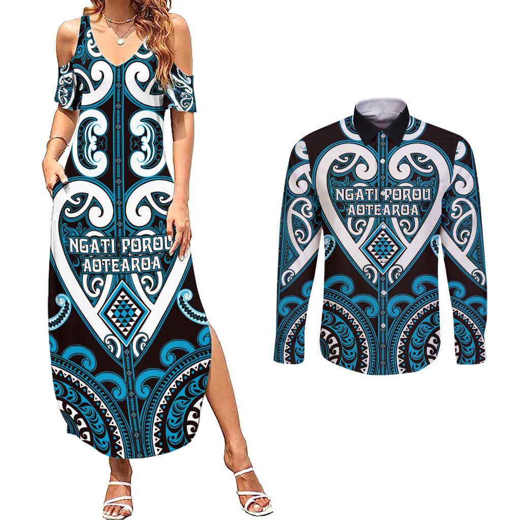 Custom Aotearoa Ngati Porou Couples Matching Summer Maxi Dress and Long Sleeve Button Shirt Maori Tribal Pattern