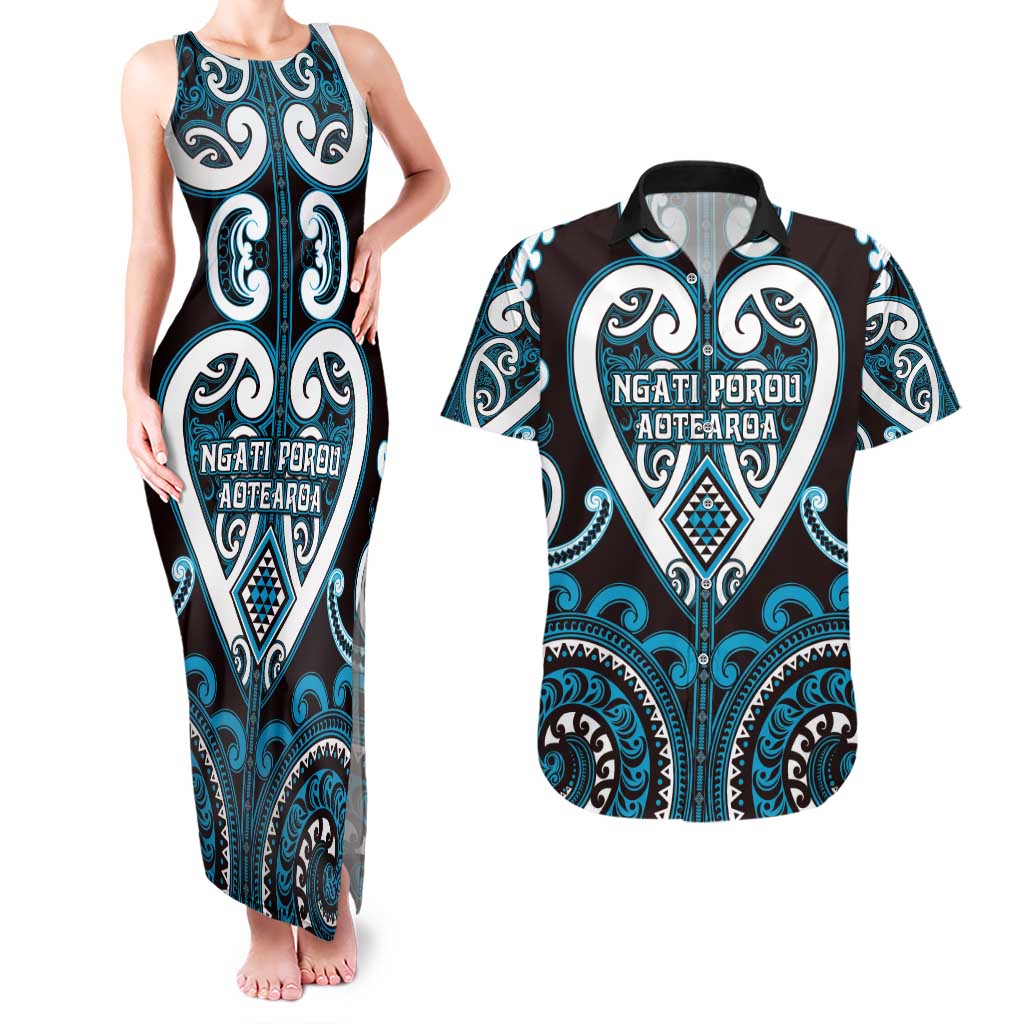 Custom Aotearoa Ngati Porou Couples Matching Tank Maxi Dress and Hawaiian Shirt Maori Tribal Pattern