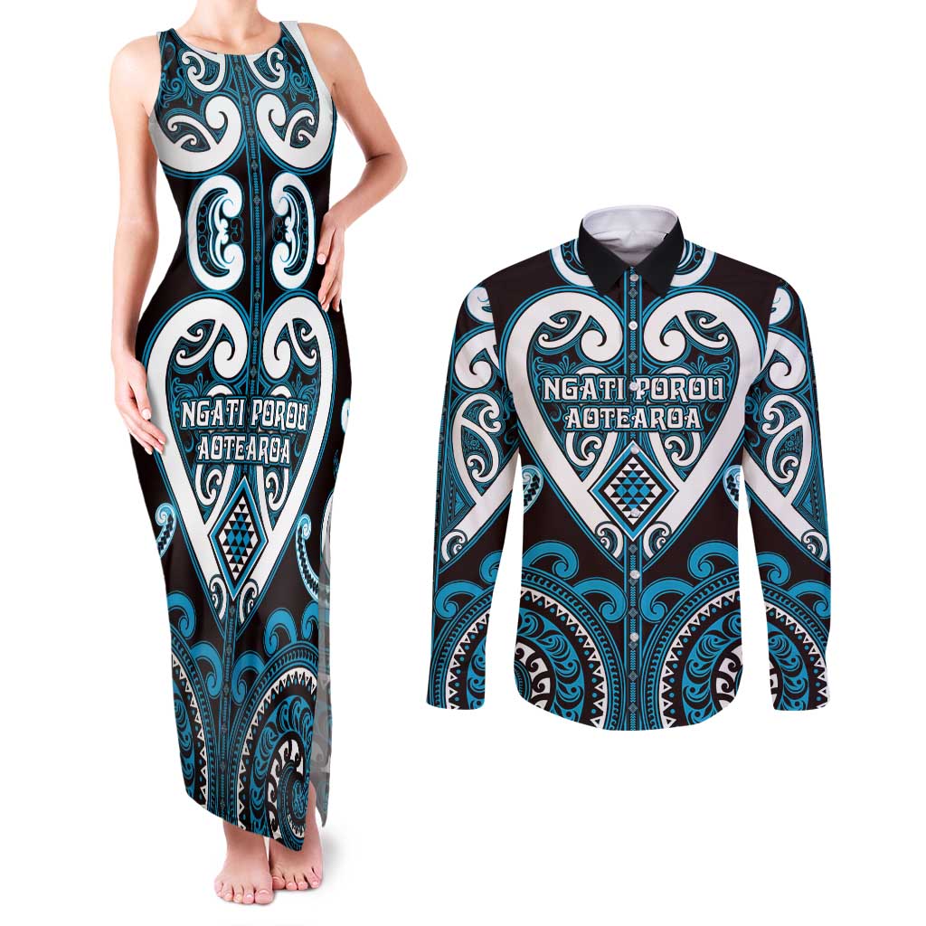 Custom Aotearoa Ngati Porou Couples Matching Tank Maxi Dress and Long Sleeve Button Shirt Maori Tribal Pattern