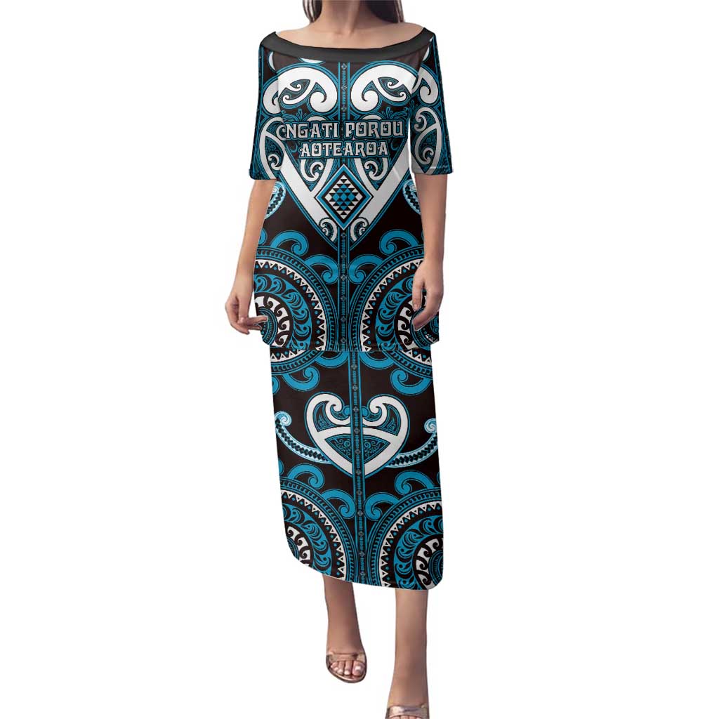 Custom Aotearoa Ngati Porou Family Matching Puletasi and Hawaiian Shirt Maori Tribal Pattern LT05 Mom's Dress Blue - Polynesian Pride