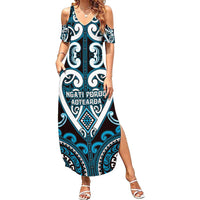 Custom Aotearoa Ngati Porou Family Matching Summer Maxi Dress and Hawaiian Shirt Maori Tribal Pattern LT05 Mom's Dress Blue - Polynesian Pride