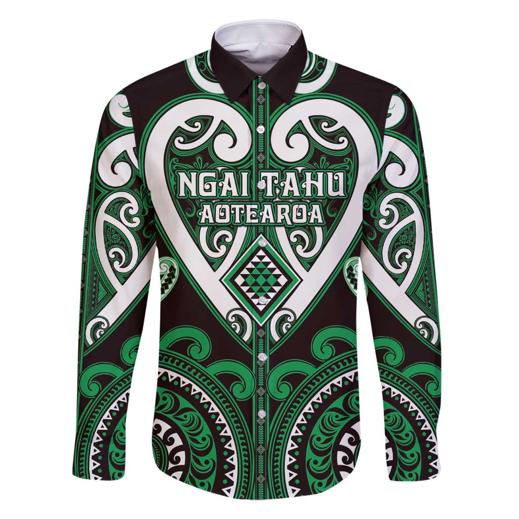 Custom Aotearoa Ngai Tahu Family Matching Off Shoulder Short Dress and Hawaiian Shirt Maori Tribal Pattern LT05 Dad's Shirt - Long Sleeve Green - Polynesian Pride