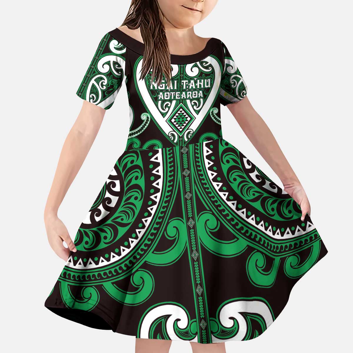 Custom Aotearoa Ngai Tahu Kid Short Sleeve Dress Maori Tribal Pattern
