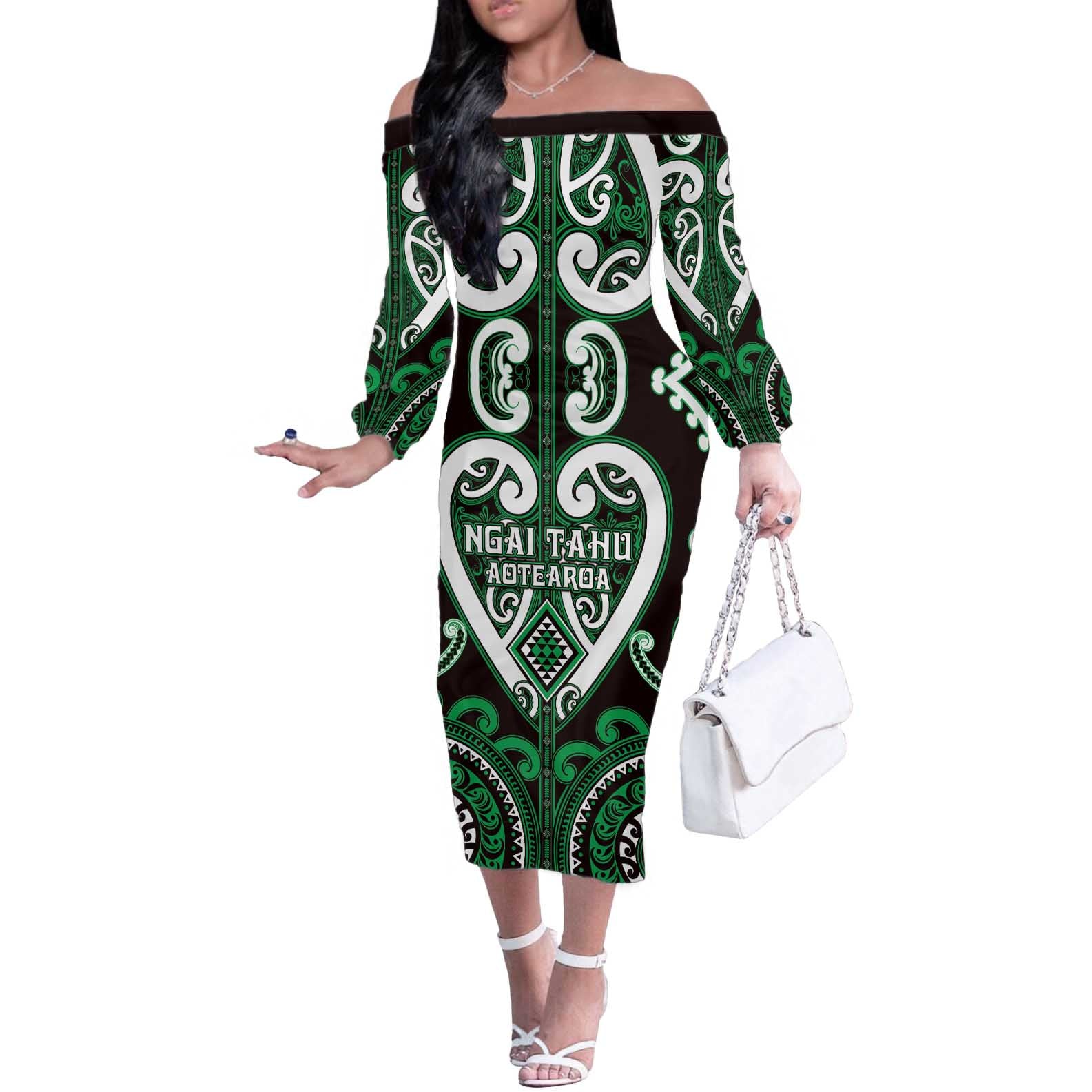 Custom Aotearoa Ngai Tahu Off The Shoulder Long Sleeve Dress Maori Tribal Pattern