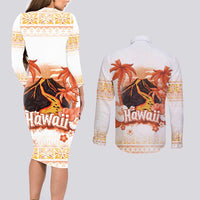 Hawaiian Volcano Lava Flow Couples Matching Long Sleeve Bodycon Dress and Long Sleeve Button Shirt With Hawaiian Tapa Pattern