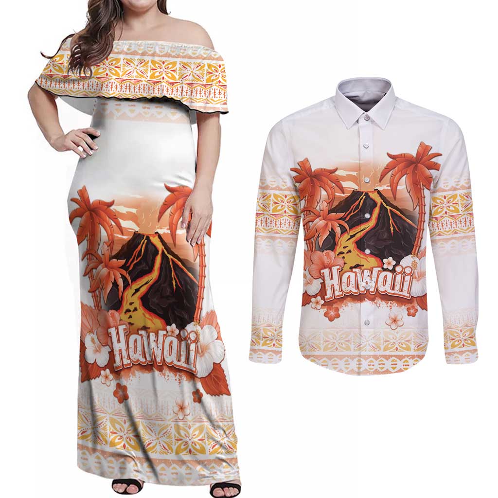 Hawaiian Volcano Lava Flow Couples Matching Off Shoulder Maxi Dress and Long Sleeve Button Shirt With Hawaiian Tapa Pattern