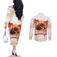 Hawaiian Volcano Lava Flow Couples Matching Off The Shoulder Long Sleeve Dress and Long Sleeve Button Shirt With Hawaiian Tapa Pattern