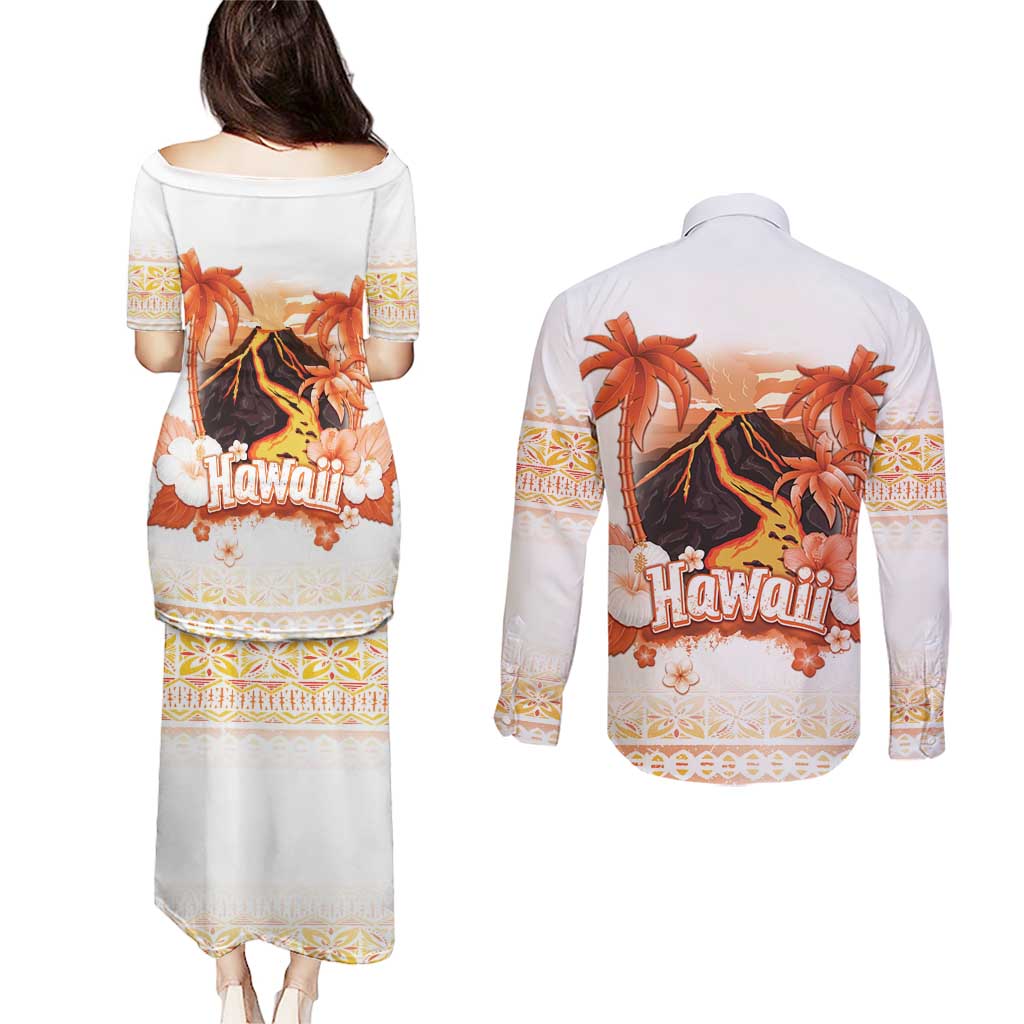 Hawaiian Volcano Lava Flow Couples Matching Puletasi and Long Sleeve Button Shirt With Hawaiian Tapa Pattern