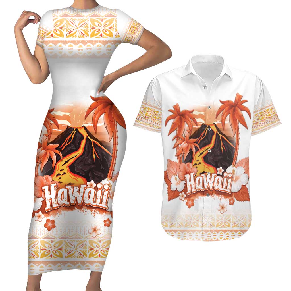 Hawaiian Volcano Lava Flow Couples Matching Short Sleeve Bodycon Dress and Hawaiian Shirt With Hawaiian Tapa Pattern