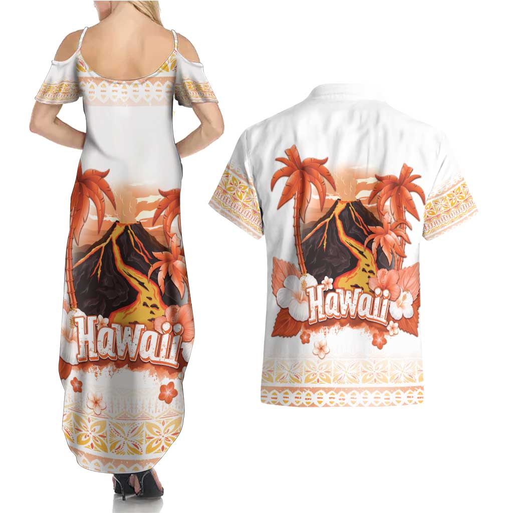 Hawaiian Volcano Lava Flow Couples Matching Summer Maxi Dress and Hawaiian Shirt With Hawaiian Tapa Pattern