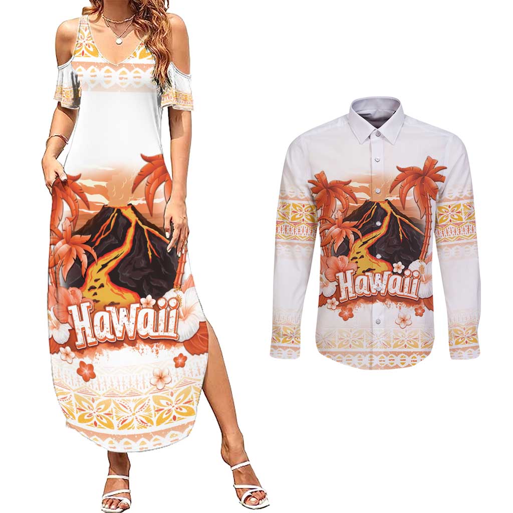 Hawaiian Volcano Lava Flow Couples Matching Summer Maxi Dress and Long Sleeve Button Shirt With Hawaiian Tapa Pattern