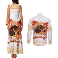 Hawaiian Volcano Lava Flow Couples Matching Tank Maxi Dress and Long Sleeve Button Shirt With Hawaiian Tapa Pattern