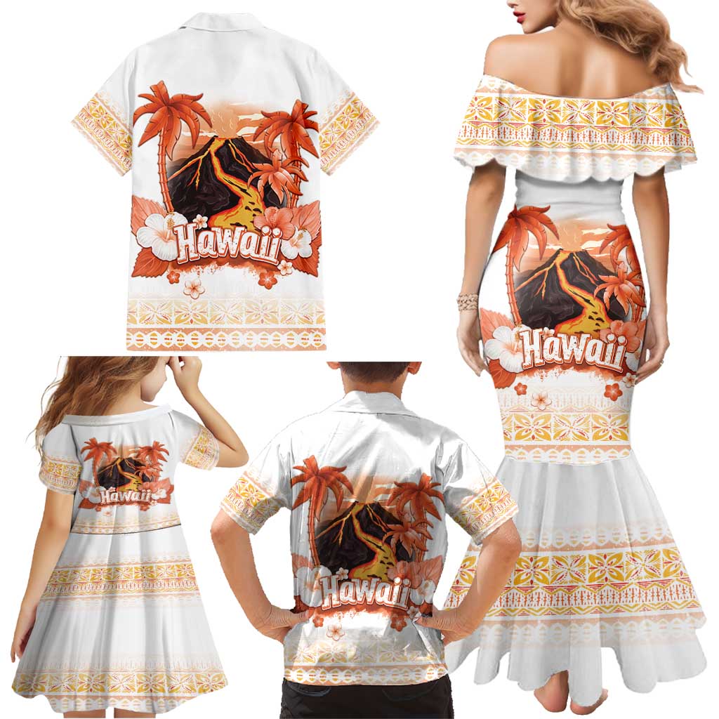 Hawaiian Volcano Lava Flow Family Matching Mermaid Dress and Hawaiian Shirt With Hawaiian Tapa Pattern