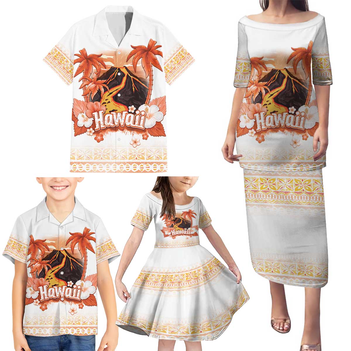 Hawaiian Volcano Lava Flow Family Matching Puletasi and Hawaiian Shirt With Hawaiian Tapa Pattern