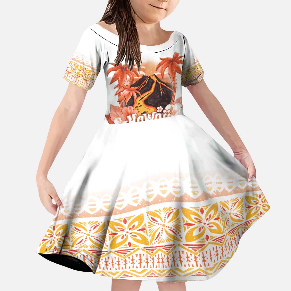 Hawaiian Volcano Lava Flow Kid Short Sleeve Dress With Hawaiian Tapa Pattern