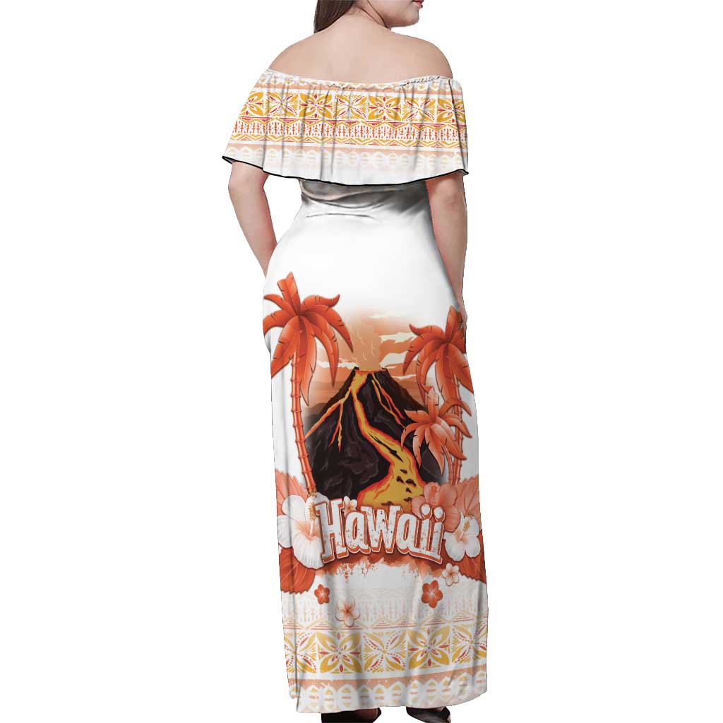 Hawaiian Volcano Lava Flow Off Shoulder Maxi Dress With Hawaiian Tapa Pattern