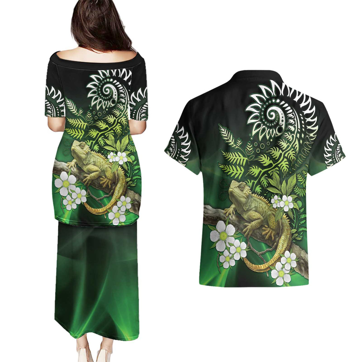 Aotearoa New Zealand Tuatara Couples Matching Puletasi and Hawaiian Shirt Maori Koru Art