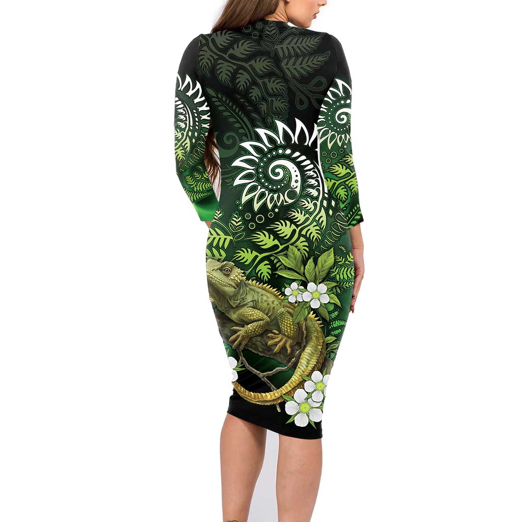 Aotearoa New Zealand Tuatara Family Matching Long Sleeve Bodycon Dress and Hawaiian Shirt Maori Koru Art LT05 - Polynesian Pride