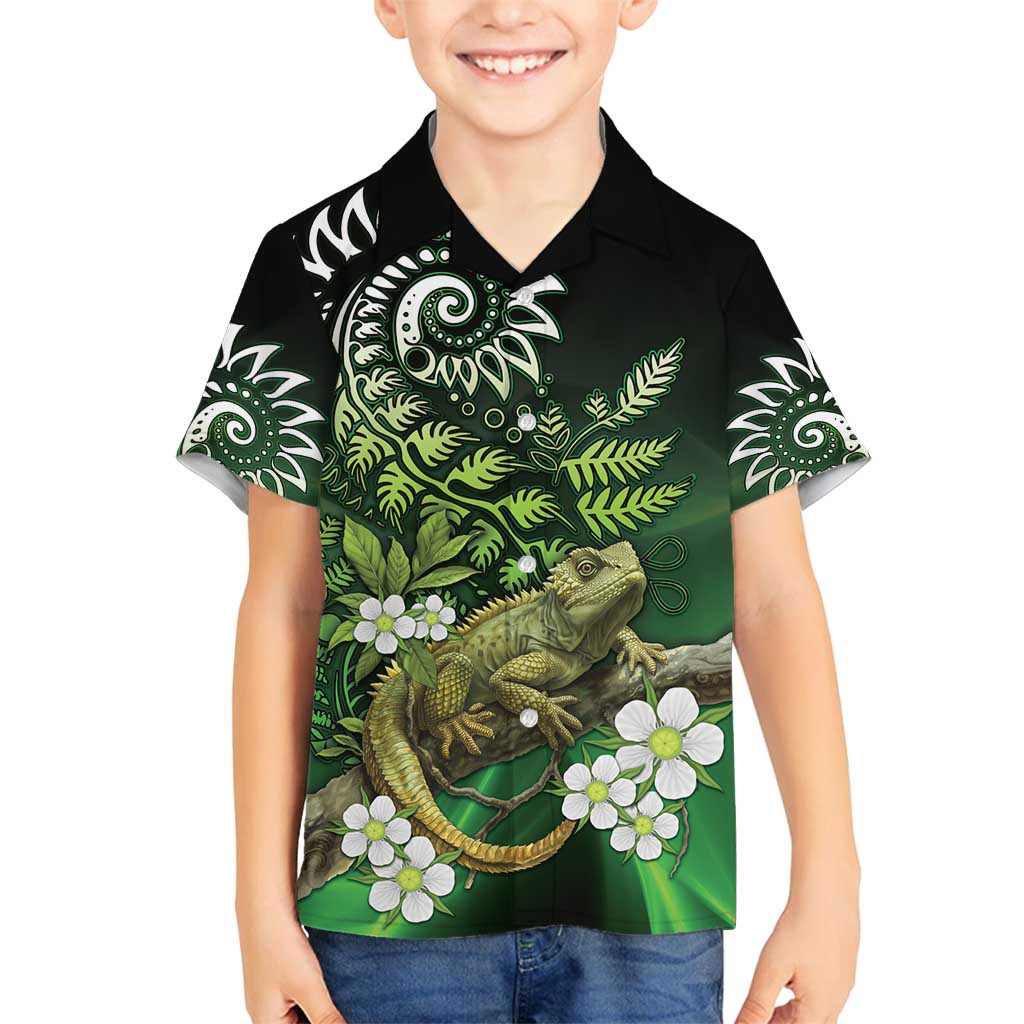 Aotearoa New Zealand Tuatara Family Matching Long Sleeve Bodycon Dress and Hawaiian Shirt Maori Koru Art LT05 Son's Shirt Green - Polynesian Pride