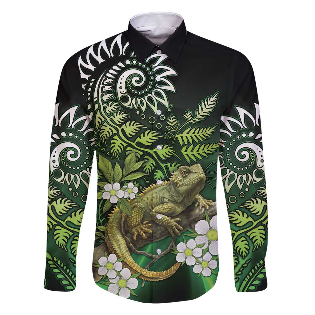 Aotearoa New Zealand Tuatara Family Matching Short Sleeve Bodycon Dress and Hawaiian Shirt Maori Koru Art LT05 Dad's Shirt - Long Sleeve Green - Polynesian Pride
