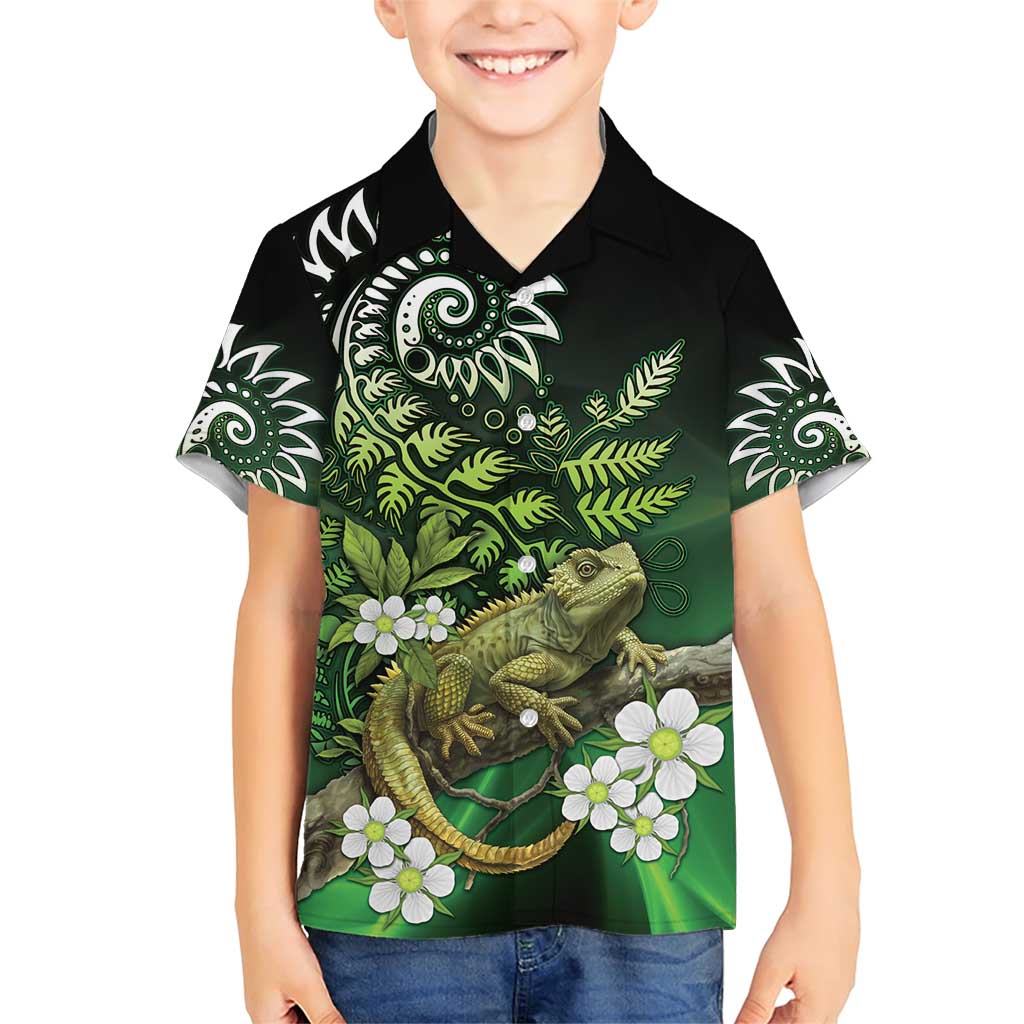 Aotearoa New Zealand Tuatara Family Matching Short Sleeve Bodycon Dress and Hawaiian Shirt Maori Koru Art LT05 Son's Shirt Green - Polynesian Pride