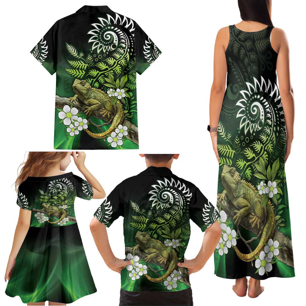 Aotearoa New Zealand Tuatara Family Matching Tank Maxi Dress and Hawaiian Shirt Maori Koru Art