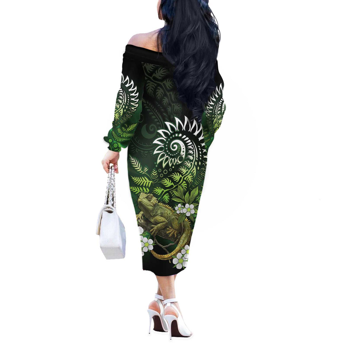 Aotearoa New Zealand Tuatara Off The Shoulder Long Sleeve Dress Maori Koru Art