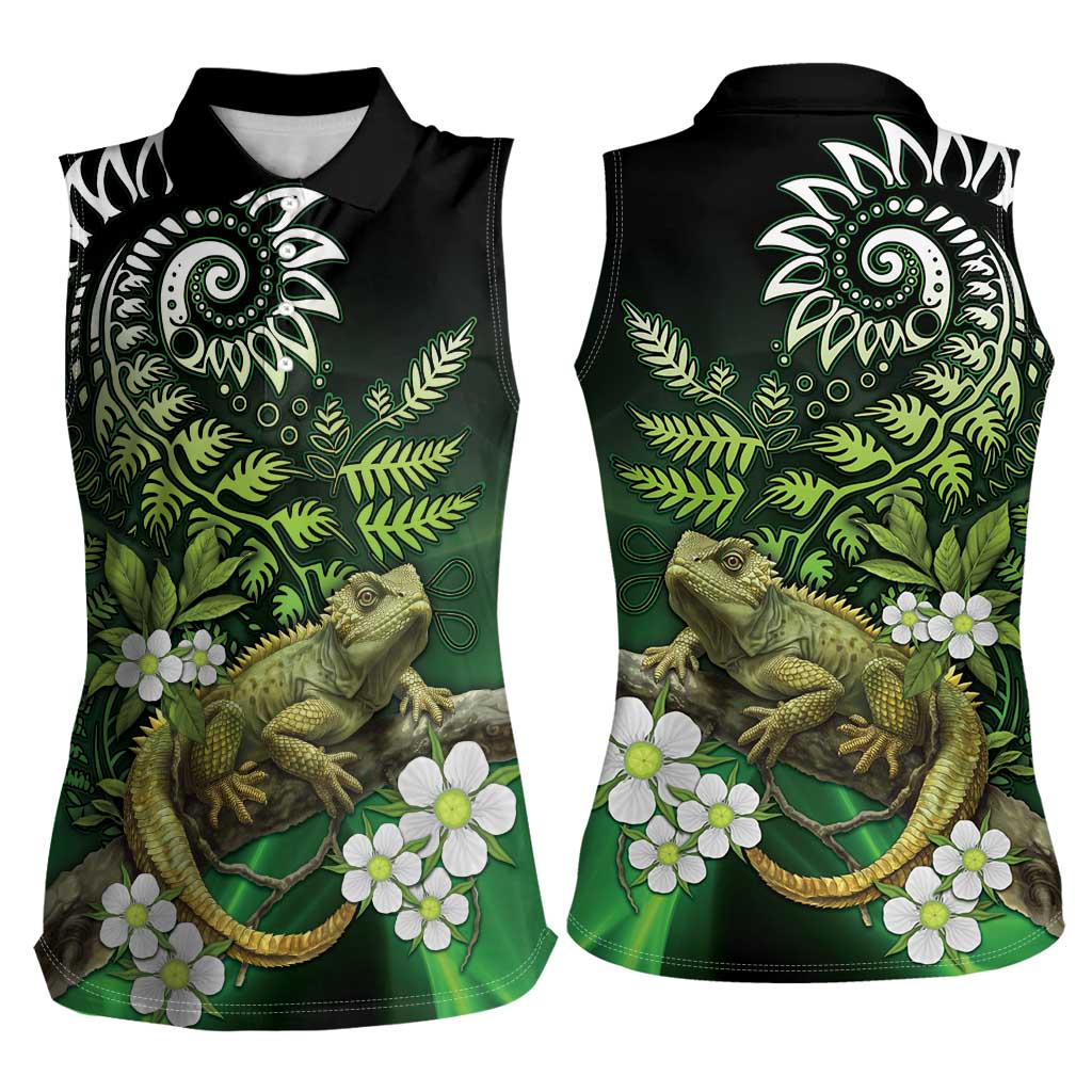 Aotearoa New Zealand Tuatara Women Sleeveless Polo Shirt Maori Koru Art