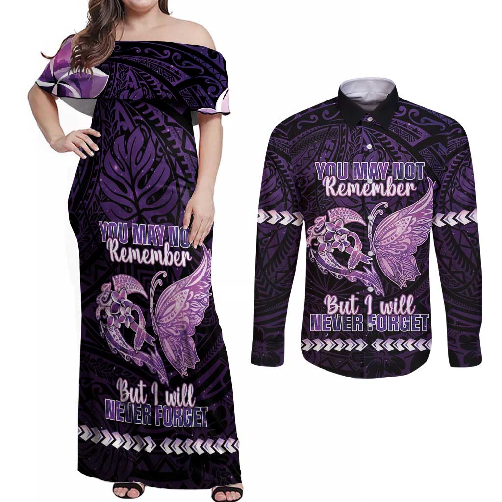 Personalised Alzheimer's Awareness Couples Matching Off Shoulder Maxi Dress and Long Sleeve Button Shirt You May Not Remember But I Will Never Forget