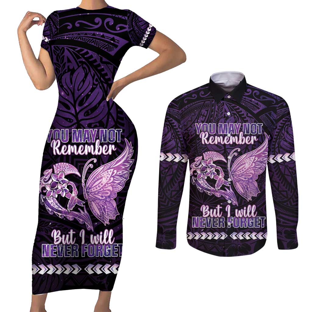 Personalised Alzheimer's Awareness Couples Matching Short Sleeve Bodycon Dress and Long Sleeve Button Shirt You May Not Remember But I Will Never Forget