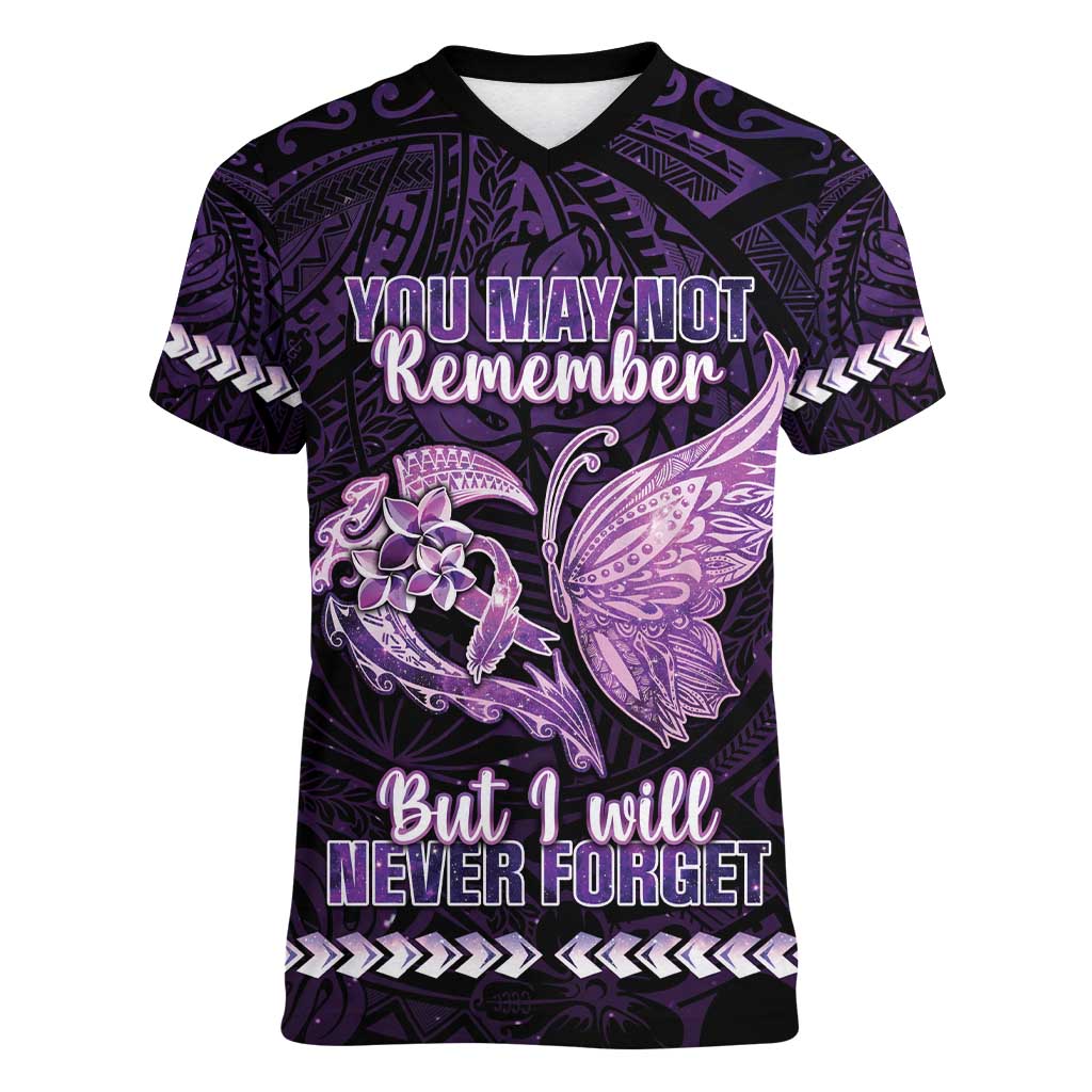 Personalised Alzheimer's Awareness Women V-Neck T-Shirt You May Not Remember But I Will Never Forget