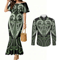Custom Aotearoa Ngati Awa Couples Matching Mermaid Dress and Long Sleeve Button Shirt Maori Tribal Pattern LT05 Green - Polynesian Pride