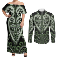 Custom Aotearoa Ngati Awa Couples Matching Off Shoulder Maxi Dress and Long Sleeve Button Shirt Maori Tribal Pattern LT05 Green - Polynesian Pride