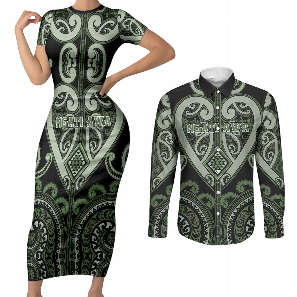 Custom Aotearoa Ngati Awa Couples Matching Short Sleeve Bodycon Dress and Long Sleeve Button Shirt Maori Tribal Pattern LT05 Green - Polynesian Pride