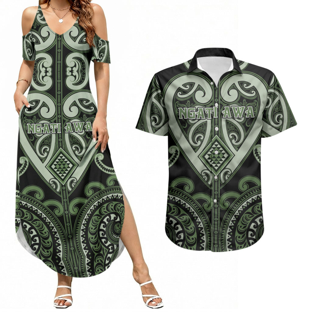 Custom Aotearoa Ngati Awa Couples Matching Summer Maxi Dress and Hawaiian Shirt Maori Tribal Pattern LT05 Green - Polynesian Pride